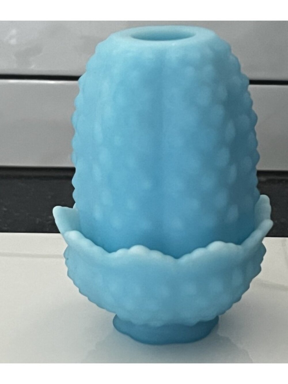 Vintage Fenton Glass Fairy Lamp Powder Blue Satin Hobnail Milk Glass EUC 4.5" T
